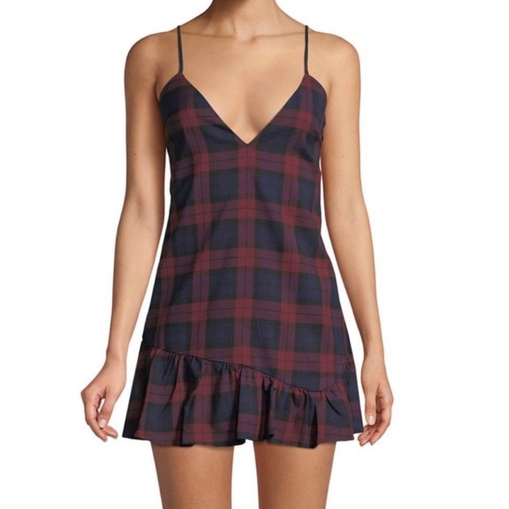 Lovers + Friends Plaid Academia Drop Waist Ruffle‎ Mini Dress Red Blue V-Neck XS